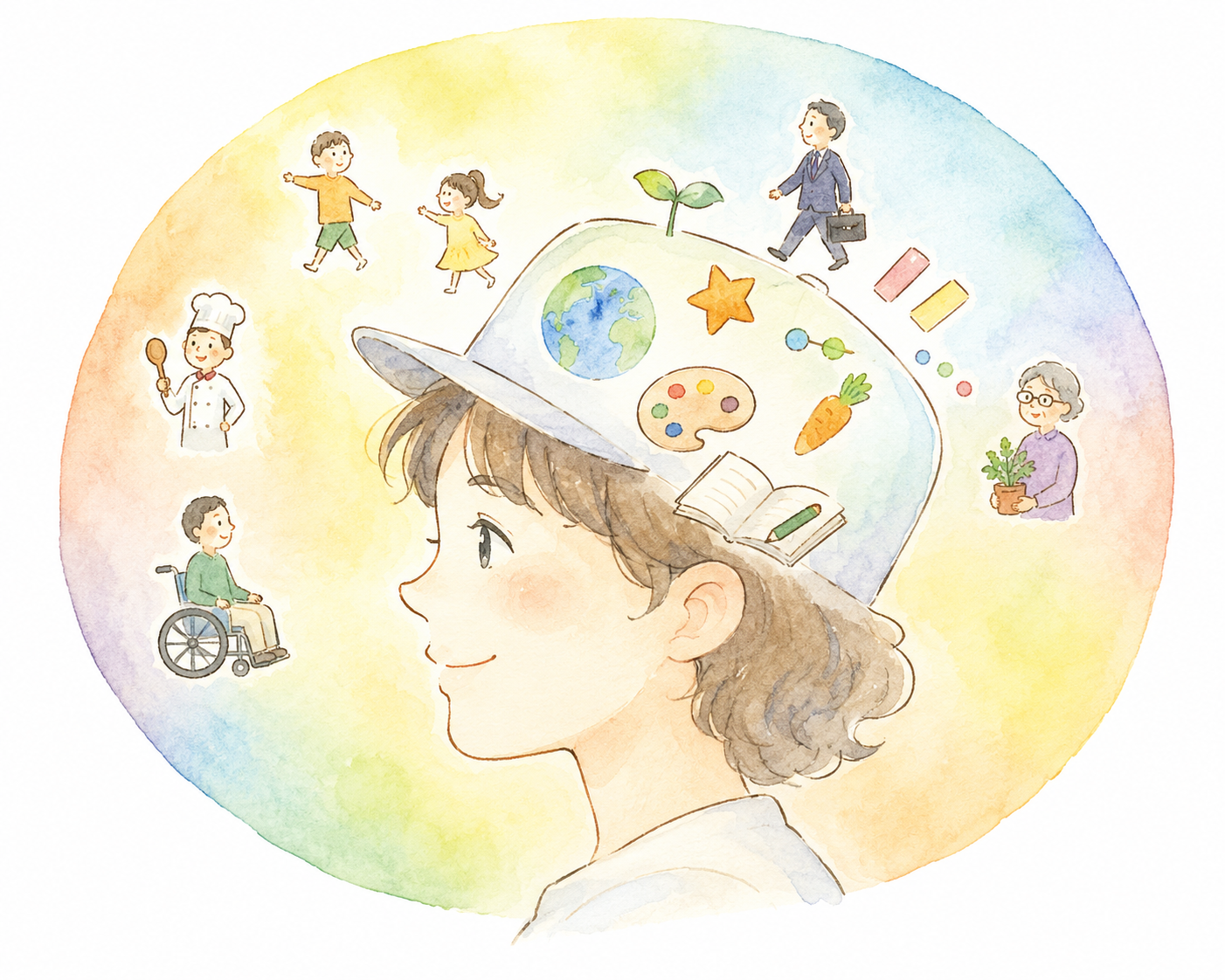 子どもから高齢者まで、さまざまな立場の人が持つ可能性を表現したイラスト